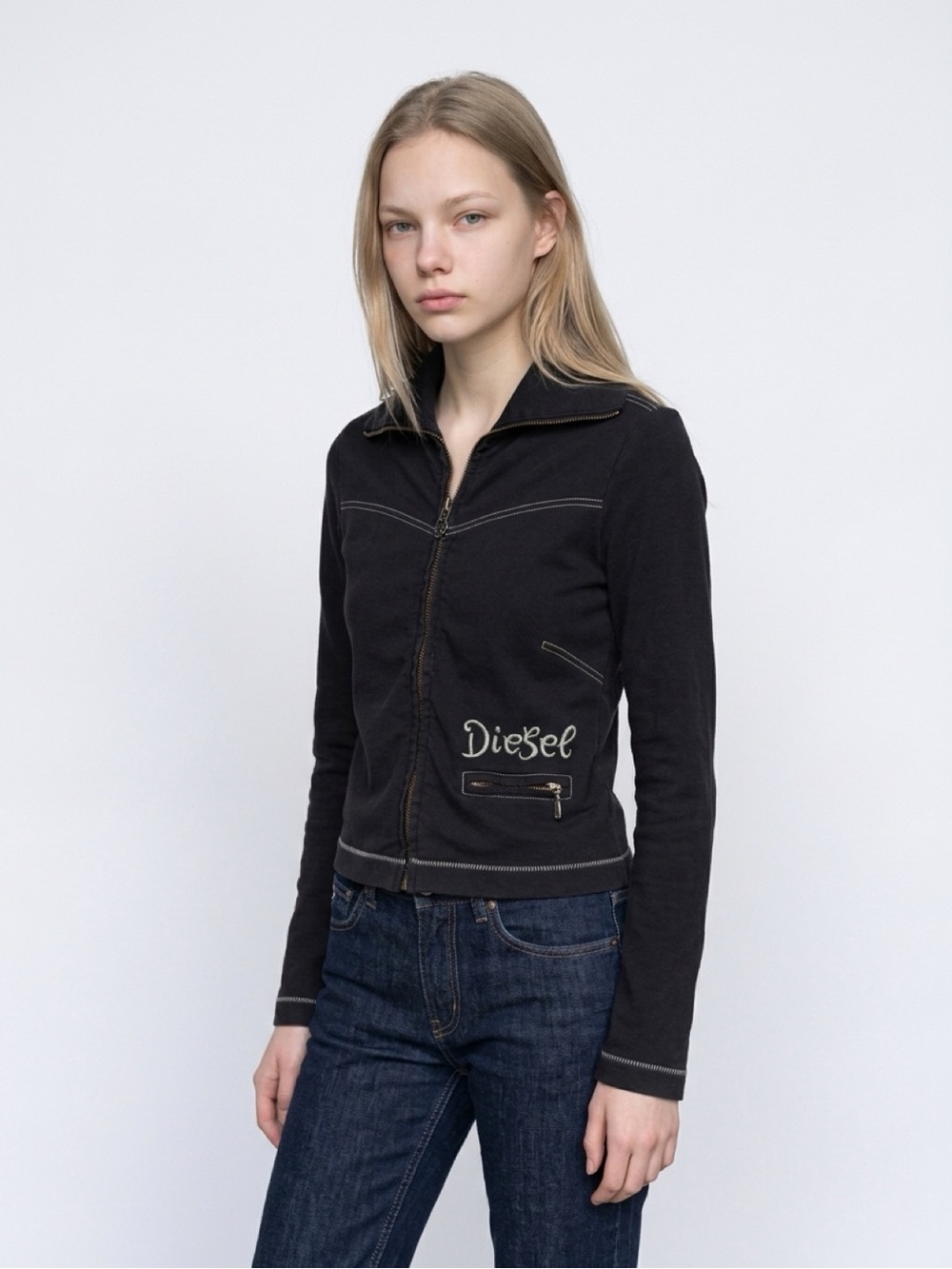 Diesel Black Zip-Up Jean Jacket with Logo